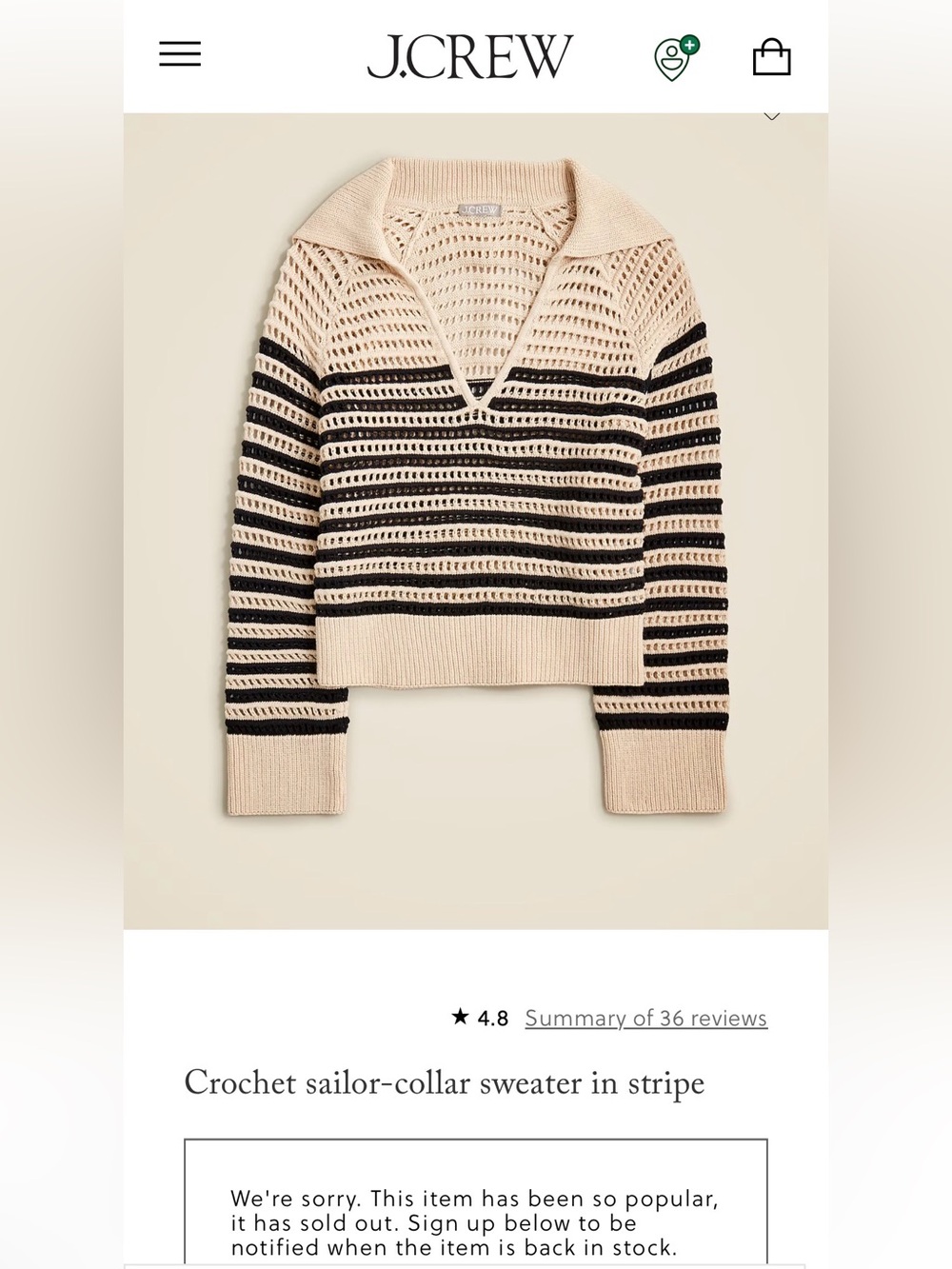 J.Crew Crochet Sailor-Collar Stripe Sweater Cream & Black Size S